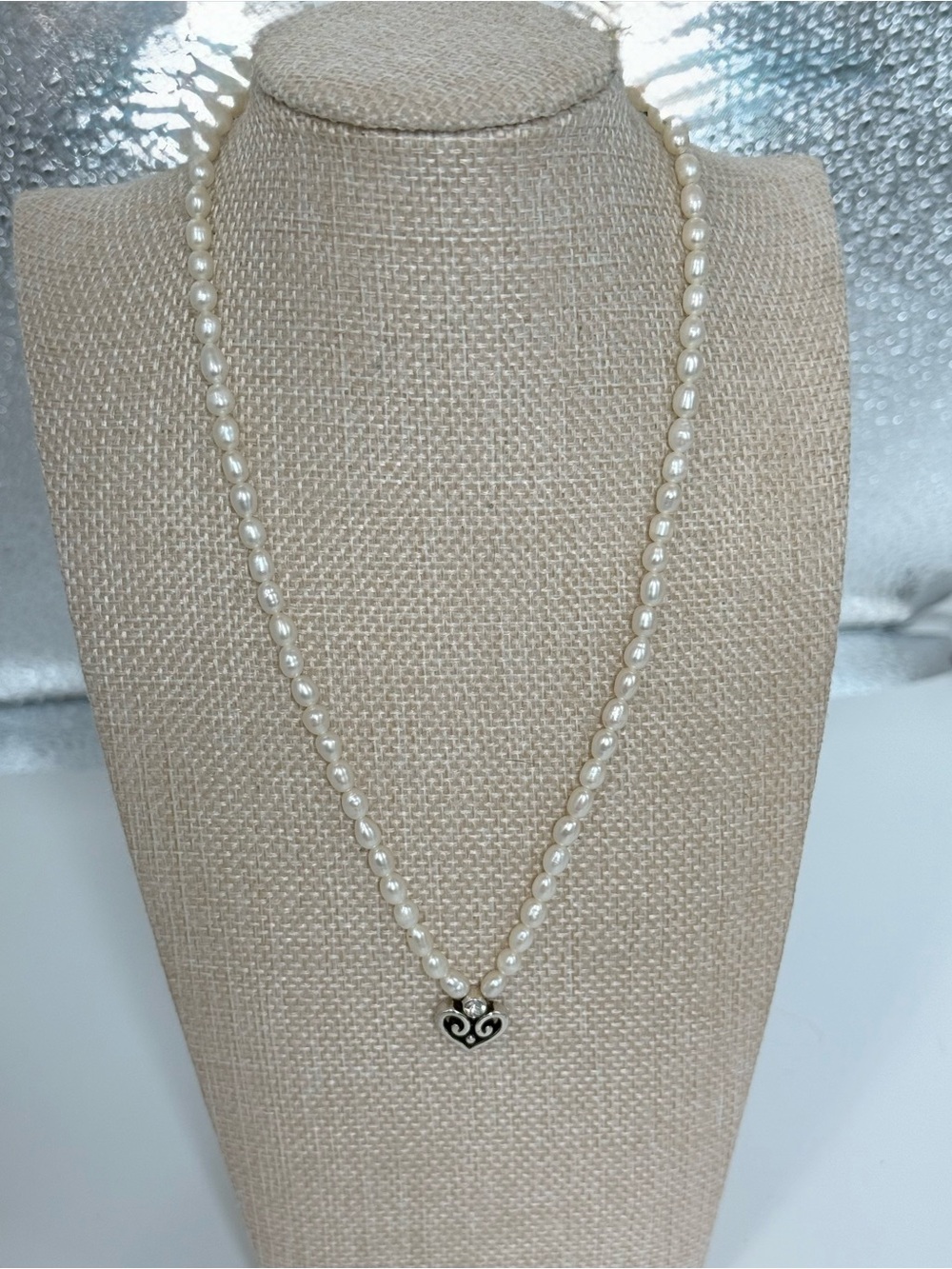 Brighton pearl necklace silver heart rhinestone minimalist classic